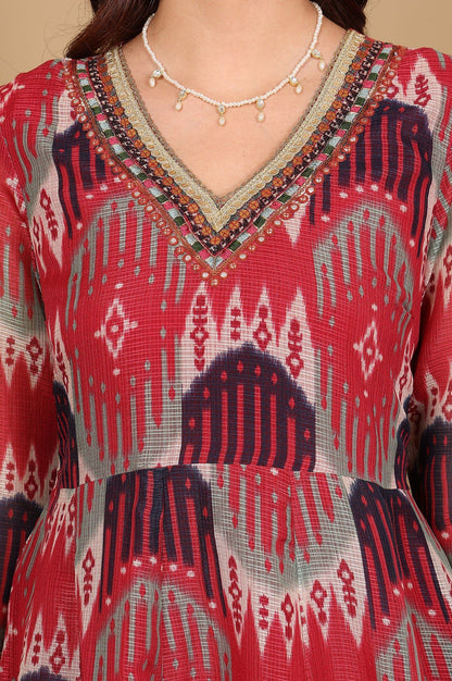 W for Woman Red And Multi-Coloured Ikkat Printed Flared Dress With Thread & Mirror Work