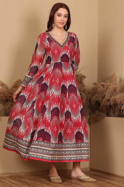 W for Woman Red And Multi-Coloured Ikkat Printed Flared Dress With Thread & Mirror Work