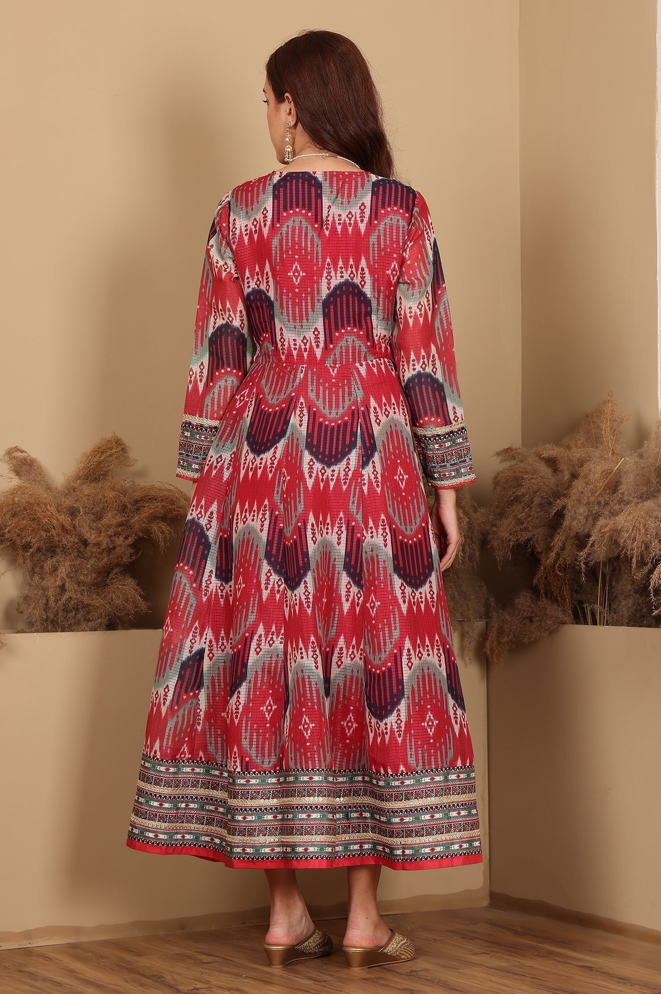 W for Woman Red And Multi-Coloured Ikkat Printed Flared Dress With Thread & Mirror Work