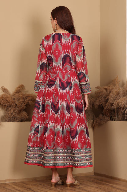 W for Woman Red And Multi-Coloured Ikkat Printed Flared Dress With Thread & Mirror Work