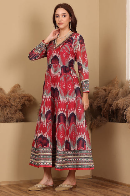 W for Woman Red And Multi-Coloured Ikkat Printed Flared Dress With Thread & Mirror Work