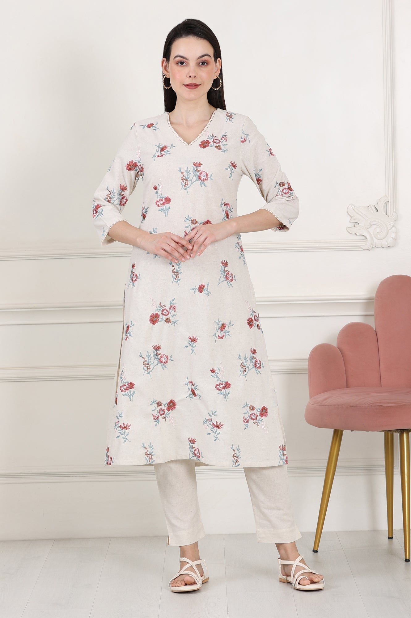 W for Woman Beige Linen Straight Kurta With Multi-Coloured Thread Work