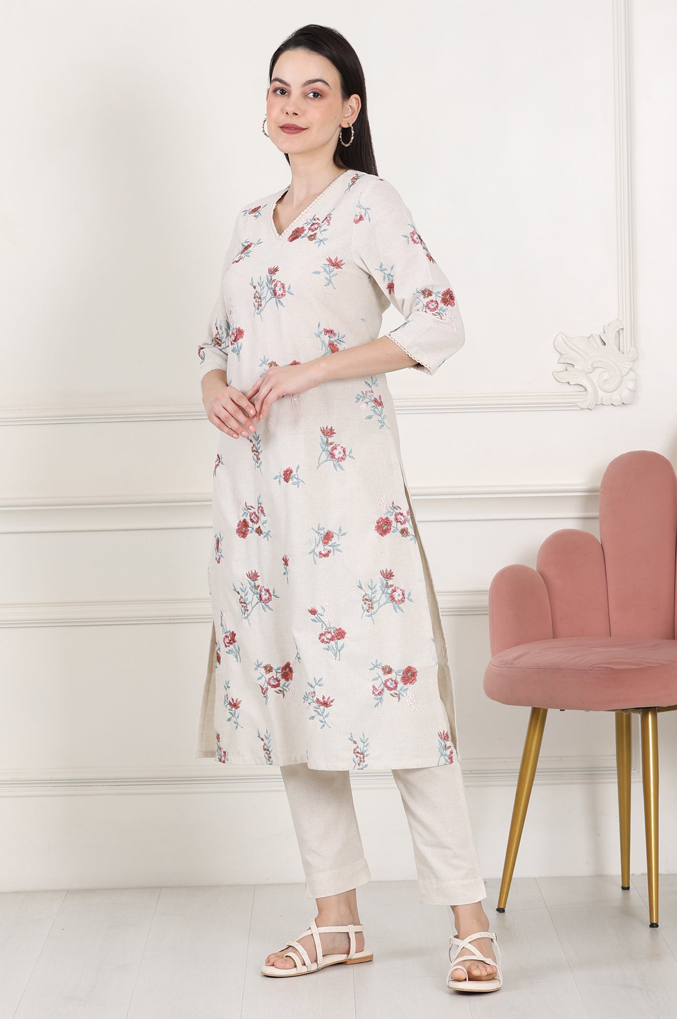 W for Woman Beige Linen Straight Kurta With Multi-Coloured Thread Work