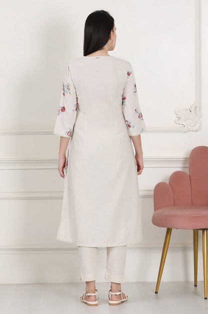W for Woman Beige Linen Straight Kurta With Multi-Coloured Thread Work