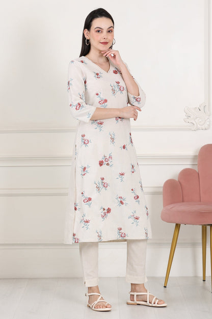 W for Woman Beige Linen Straight Kurta With Multi-Coloured Thread Work