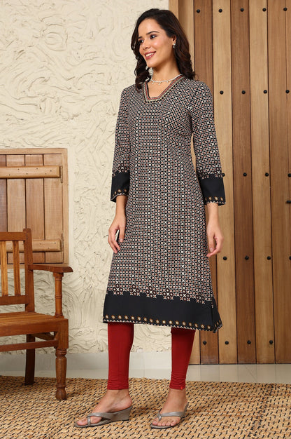 W for Woman Black Geometric Printed Rayon A-Line Kurta With Metallic Embroidery On Neck