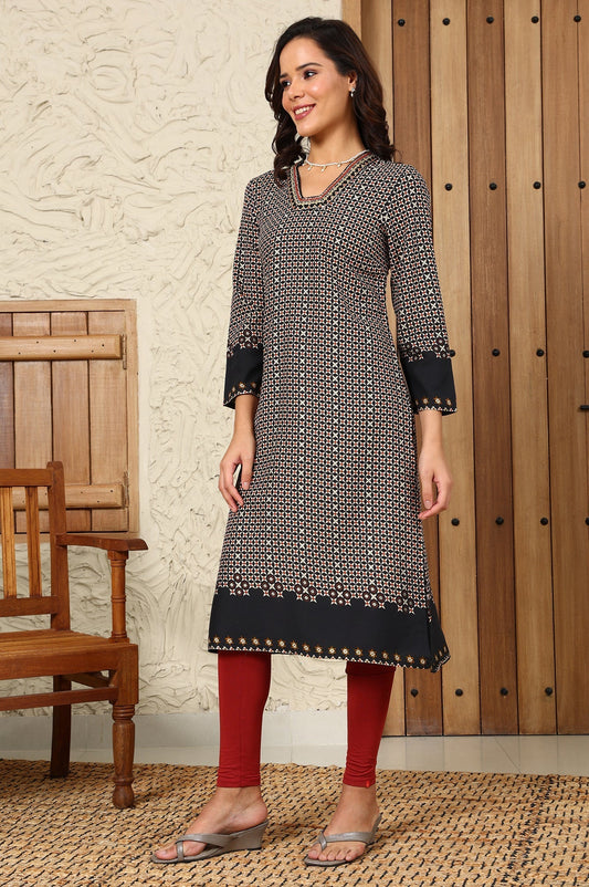 W for Woman Black Geometric Printed Rayon A-Line Kurta With Metallic Embroidery On Neck