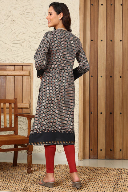 W for Woman Black Geometric Printed Rayon A-Line Kurta With Metallic Embroidery On Neck