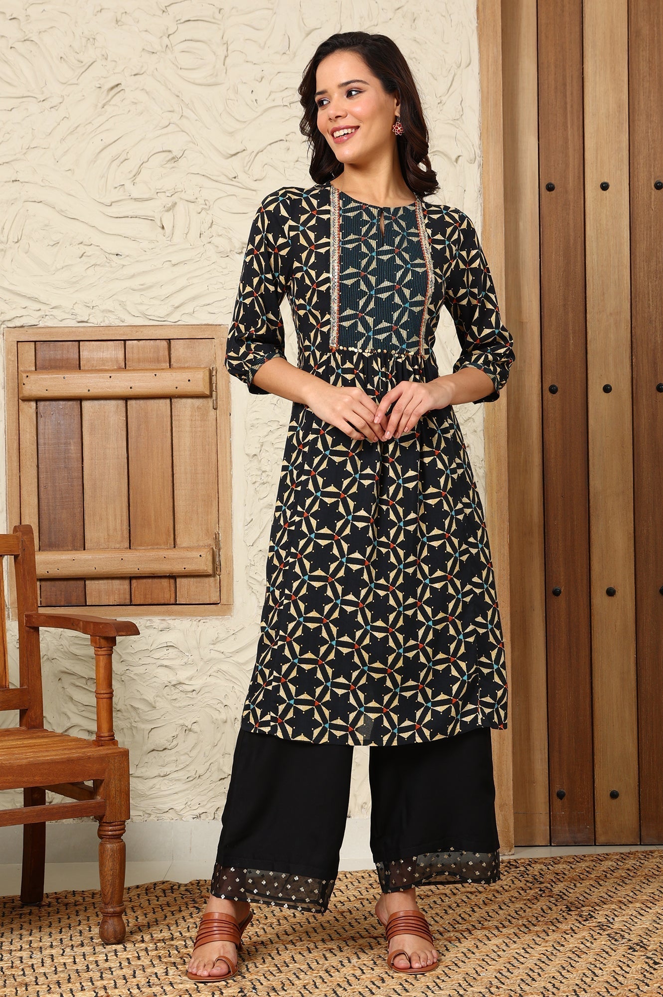 W for Woman Black Geometric Printed Rayon Crepe A-Line Kurta With Metallic Embroidery On Yoke