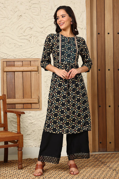 W for Woman Black Geometric Printed Rayon Crepe A-Line Kurta With Metallic Embroidery On Yoke
