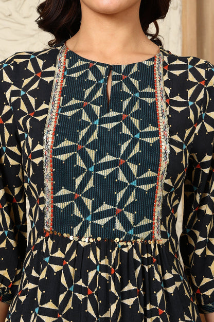 W for Woman Black Geometric Printed Rayon Crepe A-Line Kurta With Metallic Embroidery On Yoke