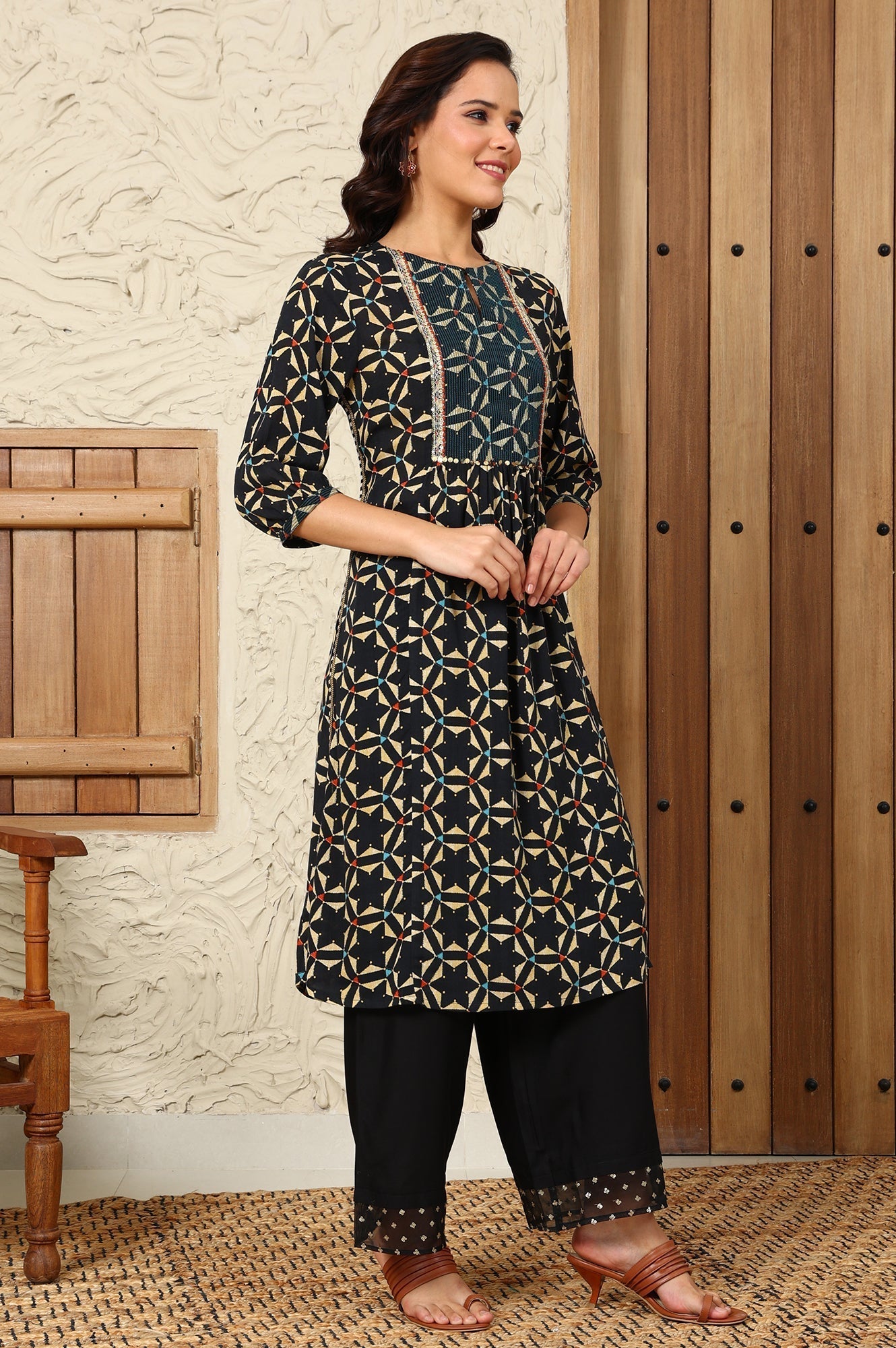 W for Woman Black Geometric Printed Rayon Crepe A-Line Kurta With Metallic Embroidery On Yoke