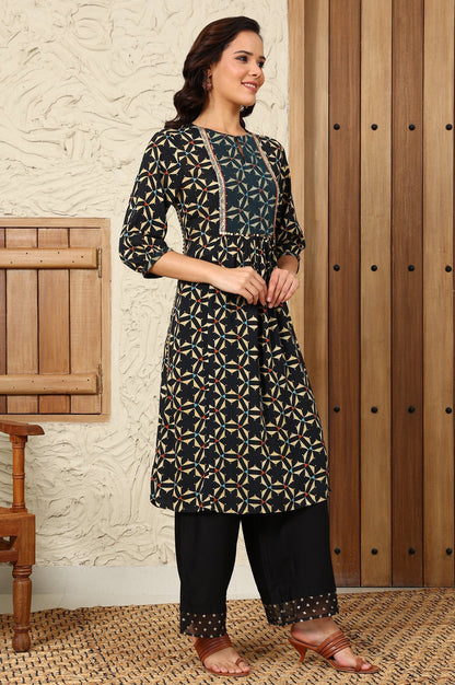 W for Woman Black Geometric Printed Rayon Crepe A-Line Kurta With Metallic Embroidery On Yoke