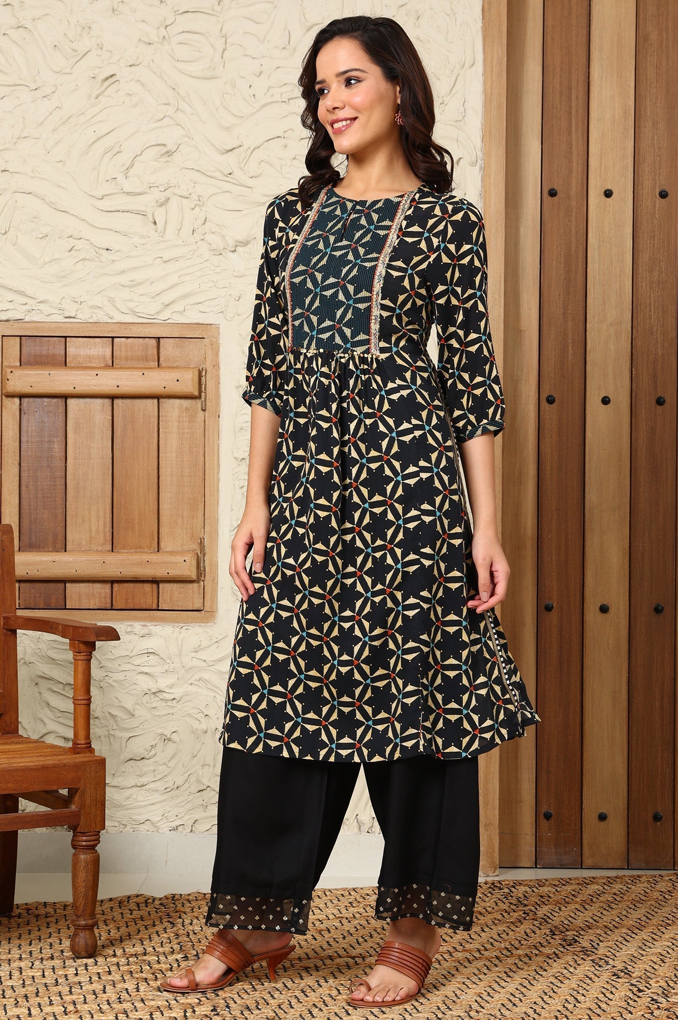 W for Woman Black Geometric Printed Rayon Crepe A-Line Kurta With Metallic Embroidery On Yoke
