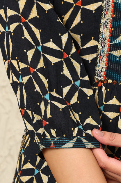 W for Woman Black Geometric Printed Rayon Crepe A-Line Kurta With Metallic Embroidery On Yoke