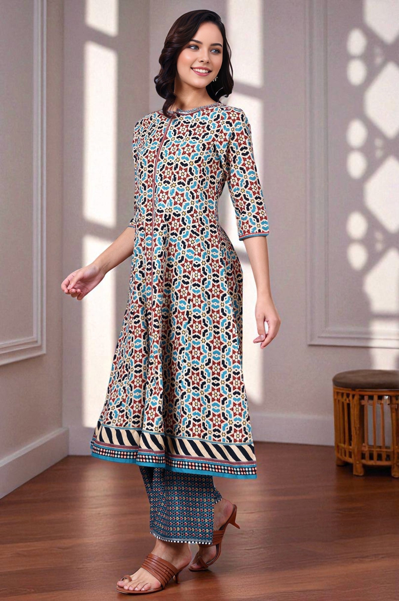 W for Woman Multi-Coloured Geometric Printed Pure Cotton Flared Kurta With Metallic Embroidered Neckline