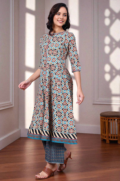 W for Woman Multi-Coloured Geometric Printed Pure Cotton Flared Kurta With Metallic Embroidered Neckline