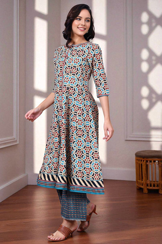 W for Woman Multi-Coloured Geometric Printed Pure Cotton Flared Kurta With Metallic Embroidered Neckline