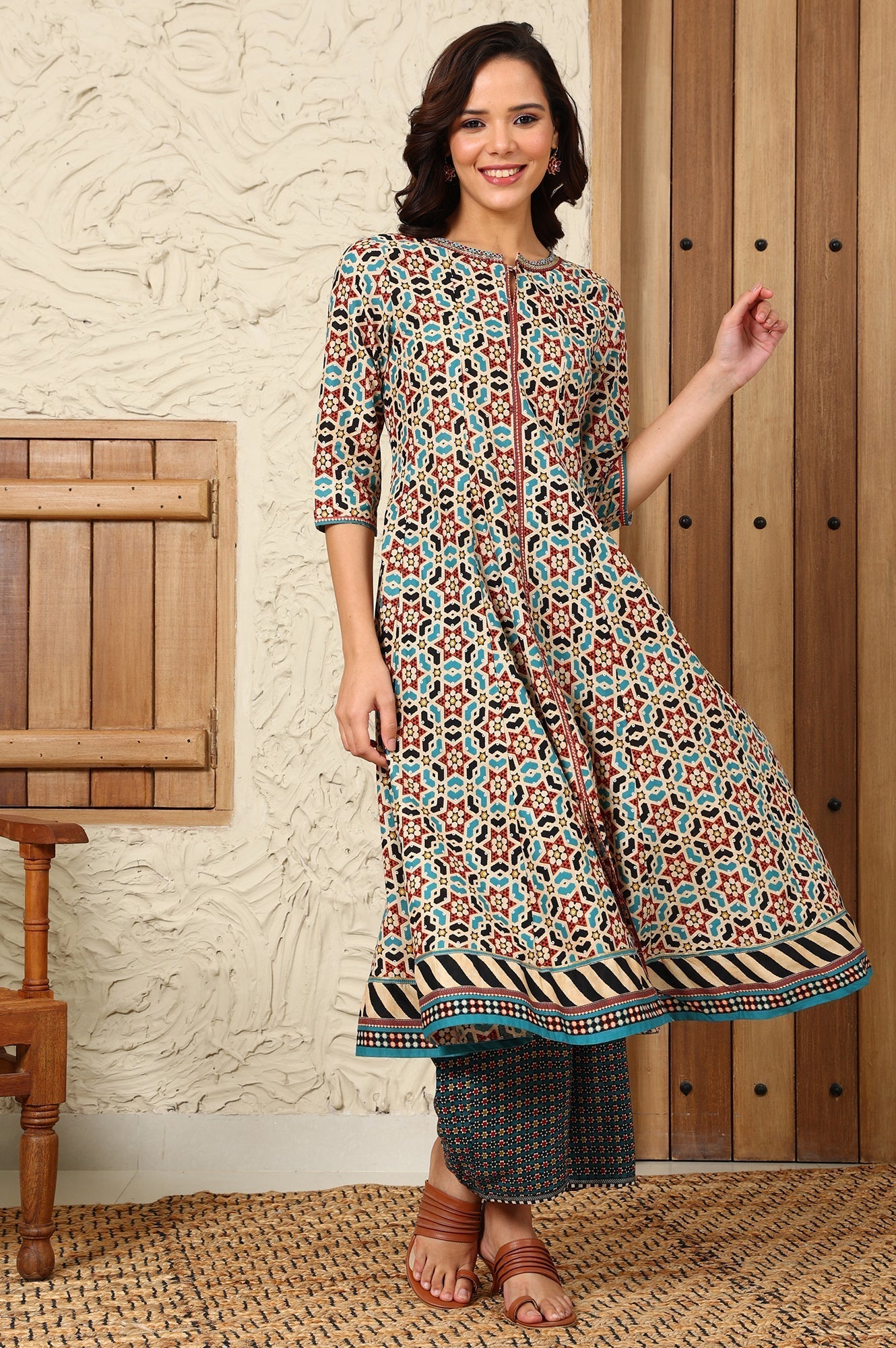 W for Woman Multi-Coloured Geometric Printed Pure Cotton Flared Kurta With Metallic Embroidered Neckline