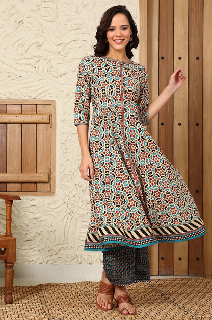 W for Woman Multi-Coloured Geometric Printed Pure Cotton Flared Kurta With Metallic Embroidered Neckline