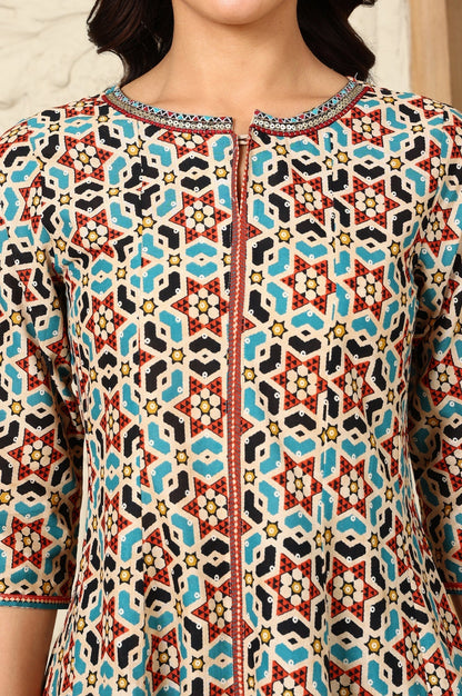 W for Woman Multi-Coloured Geometric Printed Pure Cotton Flared Kurta With Metallic Embroidered Neckline