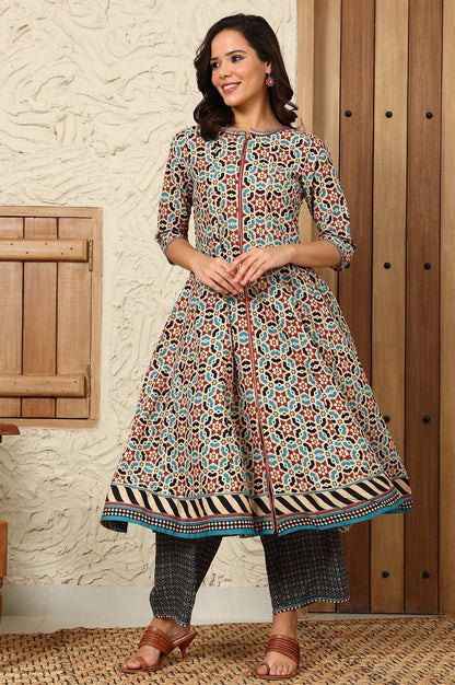 W for Woman Multi-Coloured Geometric Printed Pure Cotton Flared Kurta With Metallic Embroidered Neckline
