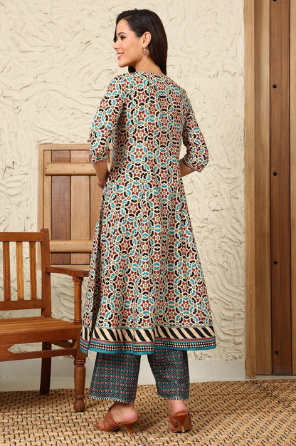 W for Woman Multi-Coloured Geometric Printed Pure Cotton Flared Kurta With Metallic Embroidered Neckline