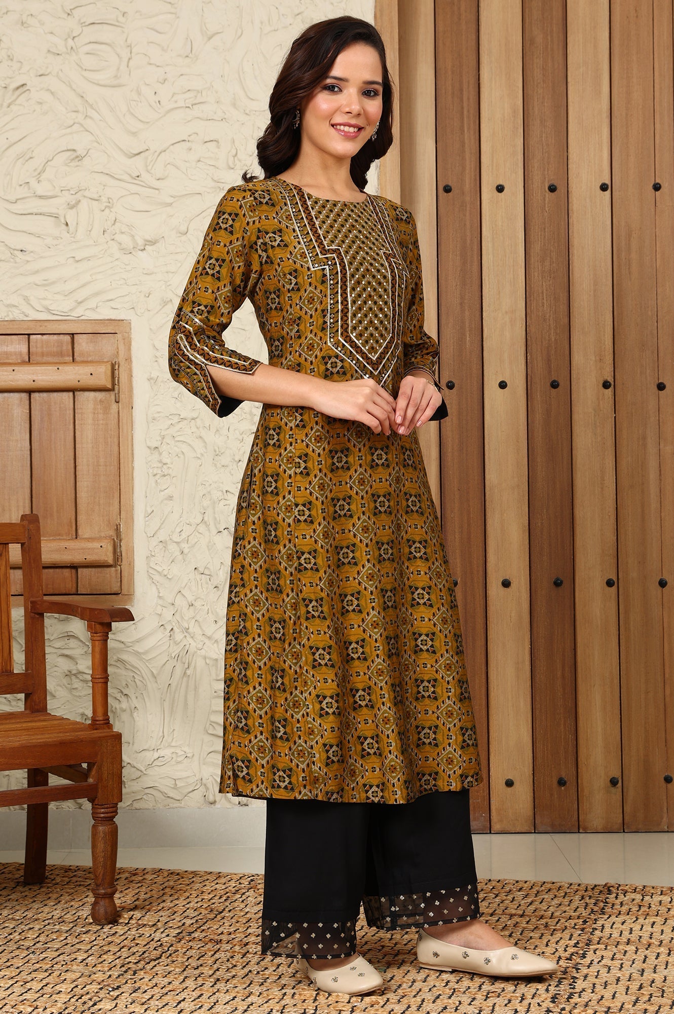 W for Woman Mustard Yellow Geometric Printed Sequined Straight Kurta