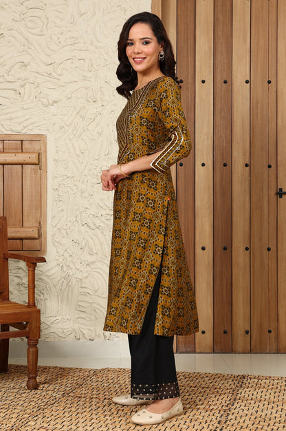 W for Woman Mustard Yellow Geometric Printed Sequined Straight Kurta