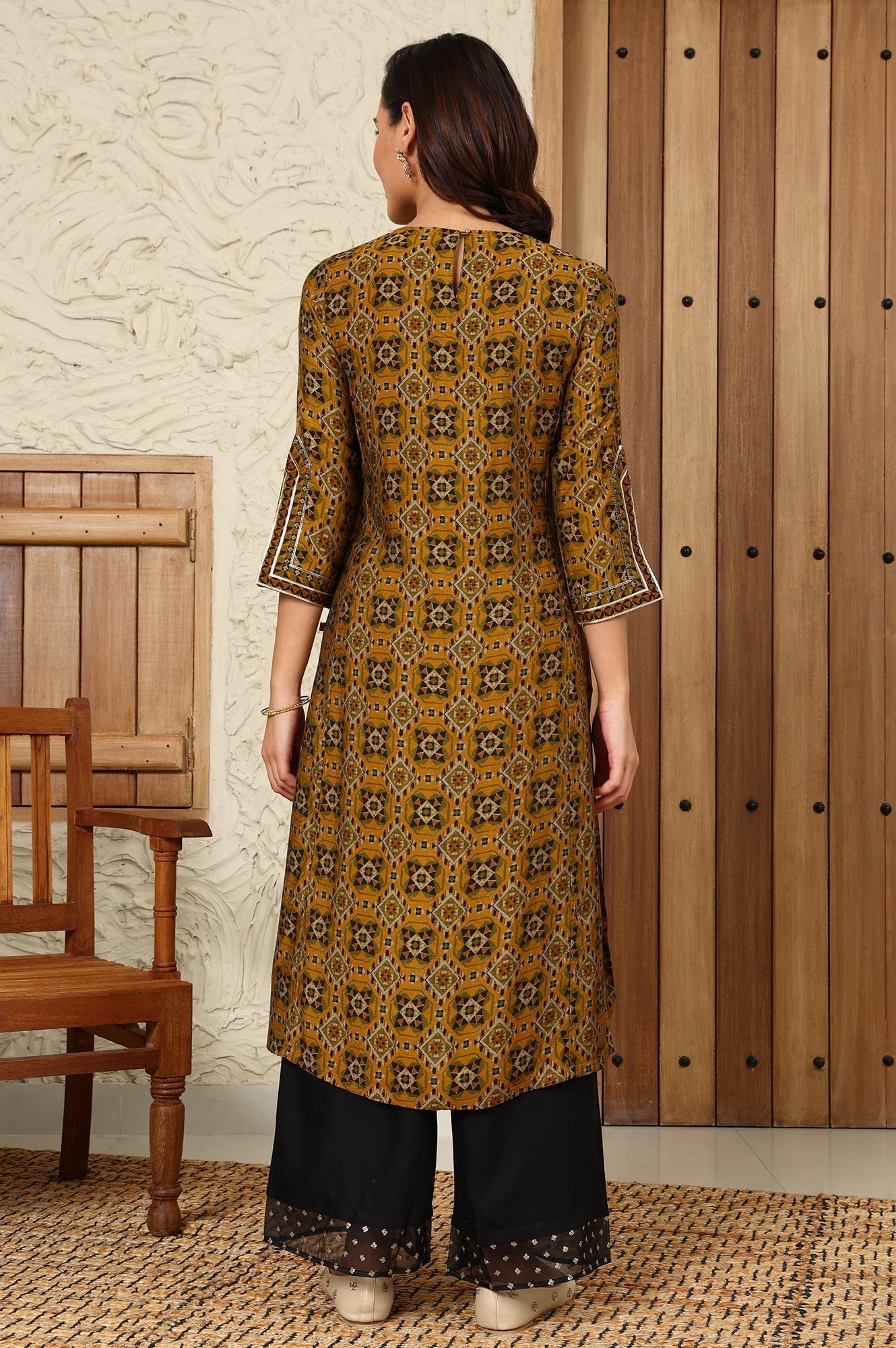 W for Woman Mustard Yellow Geometric Printed Sequined Straight Kurta