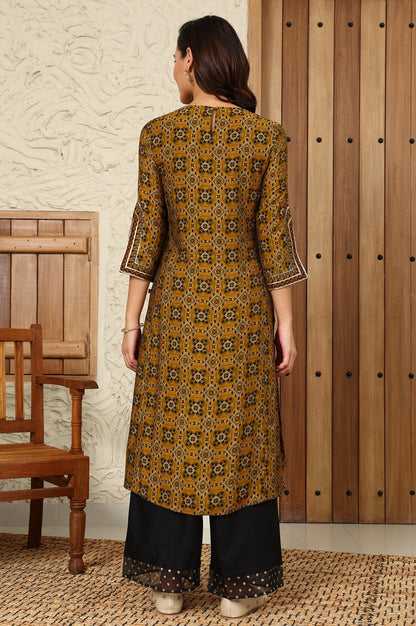 W for Woman Mustard Yellow Geometric Printed Sequined Straight Kurta