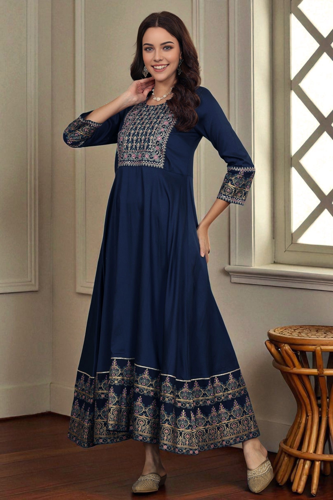W for Woman Navy Blue Embroidered Anarkali Dress