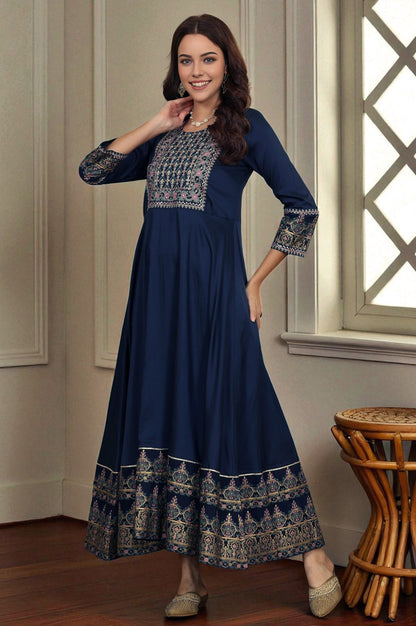 W for Woman Navy Blue Embroidered Anarkali Dress