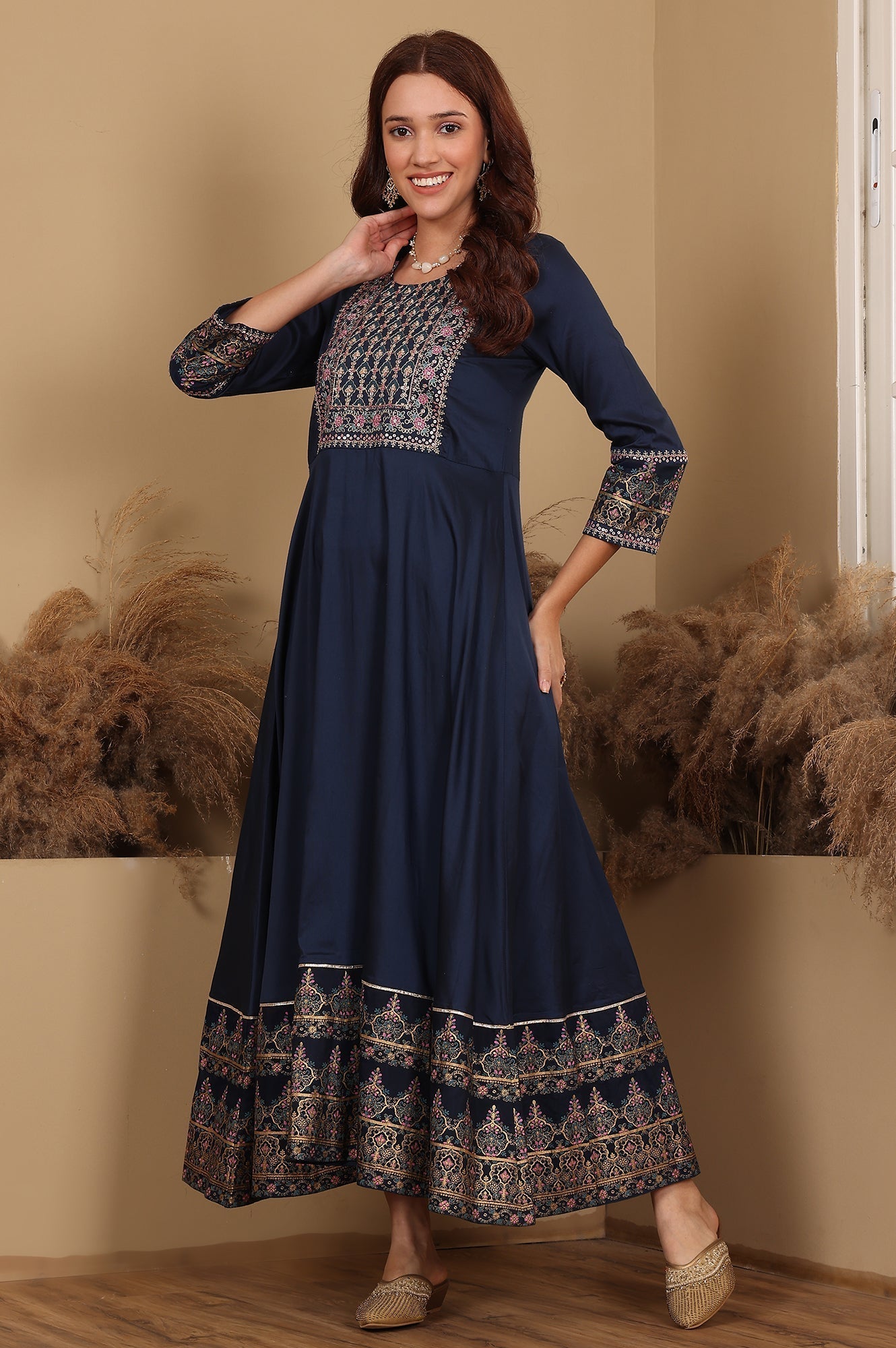 W for Woman Navy Blue Embroidered Anarkali Dress