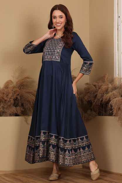 W for Woman Navy Blue Embroidered Anarkali Dress