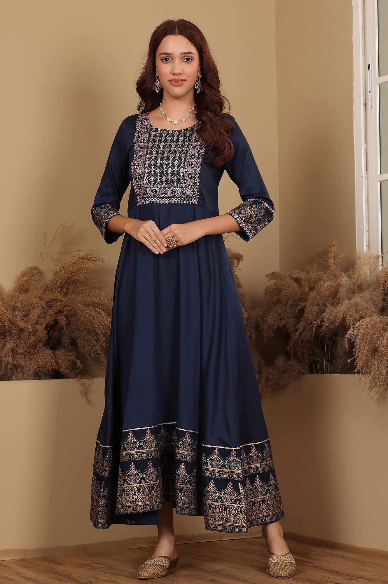 W for Woman Navy Blue Embroidered Anarkali Dress