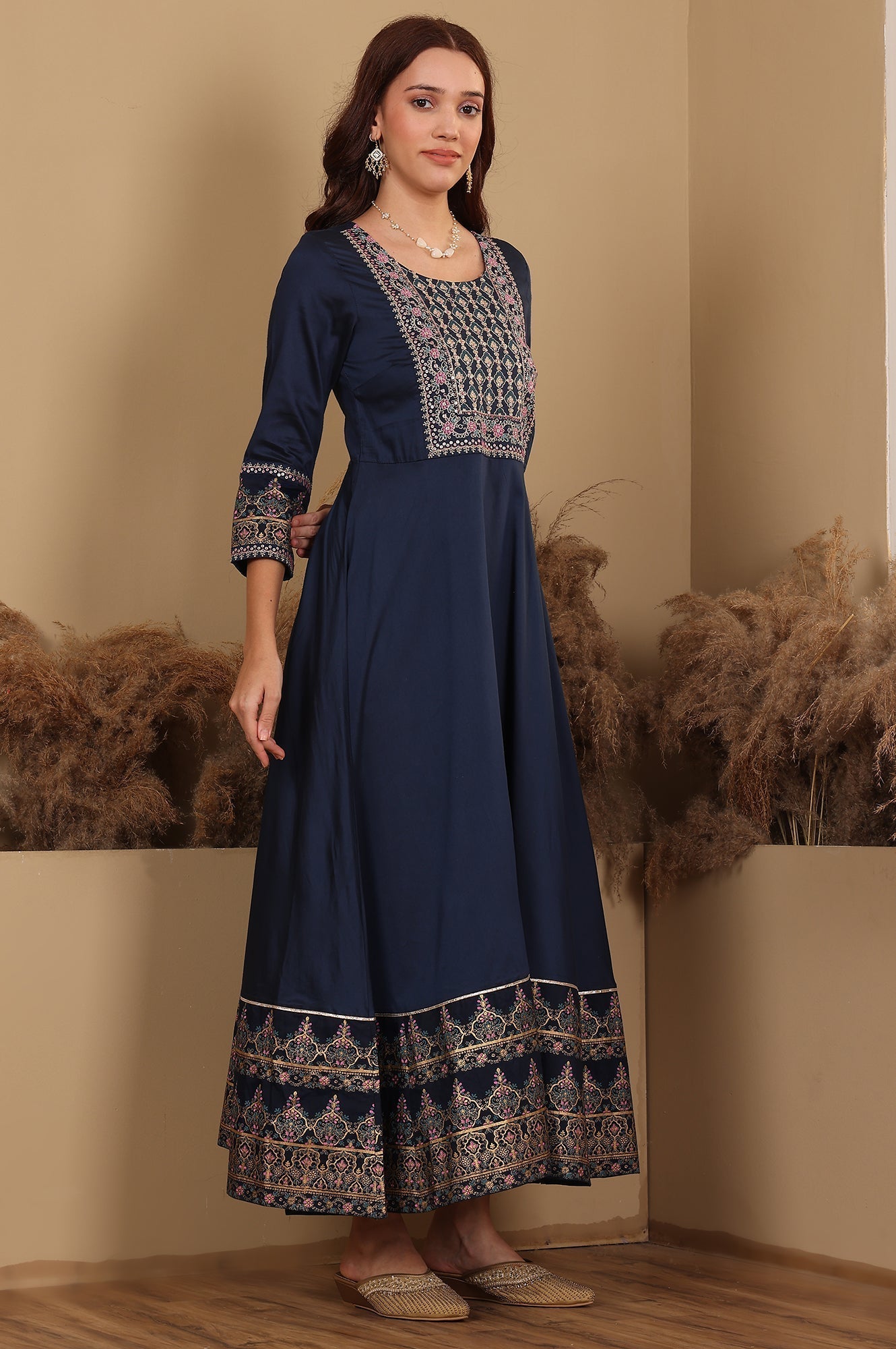 W for Woman Navy Blue Embroidered Anarkali Dress