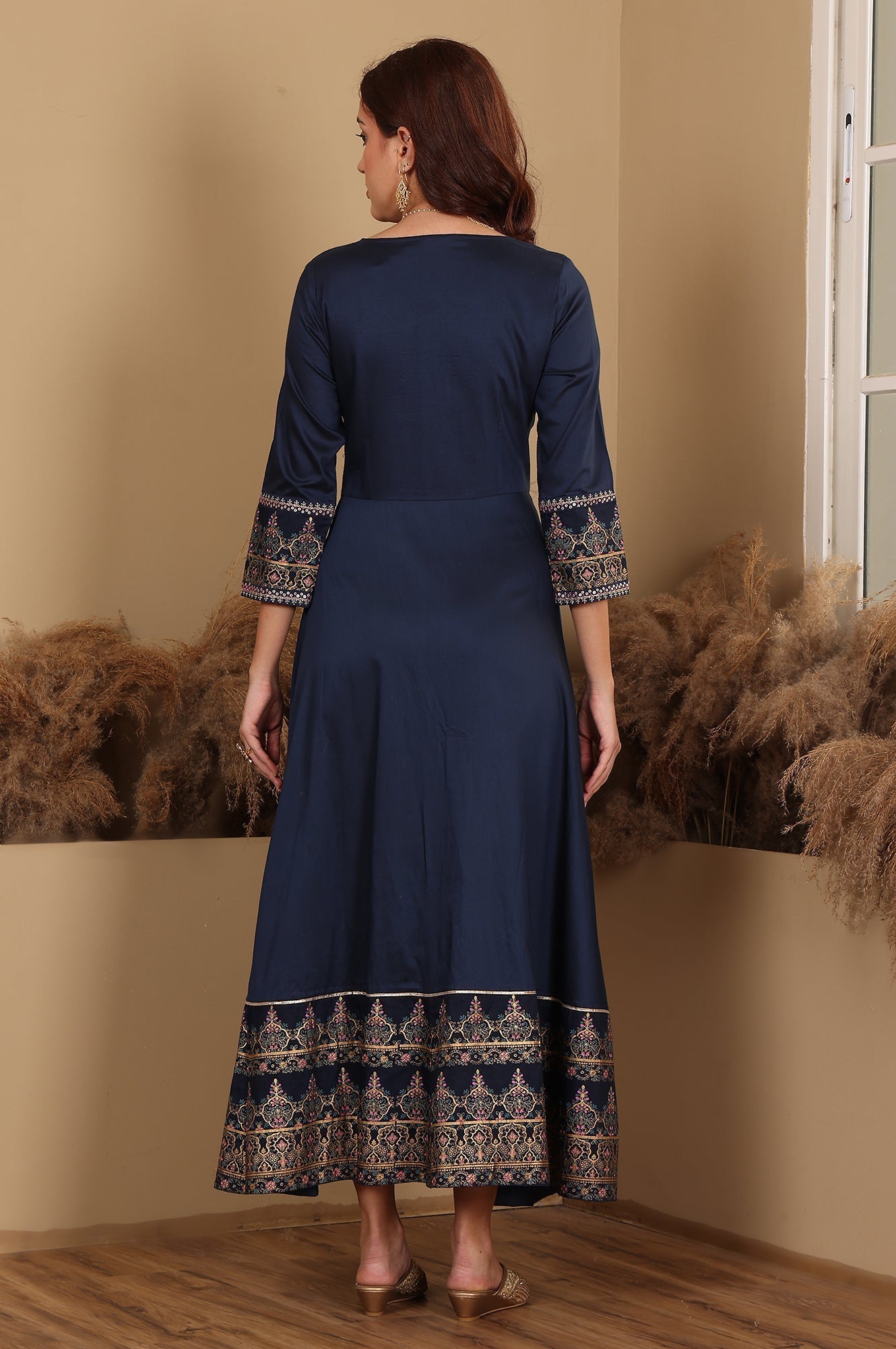 W for Woman Navy Blue Embroidered Anarkali Dress
