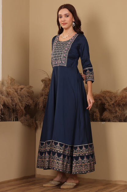 W for Woman Navy Blue Embroidered Anarkali Dress