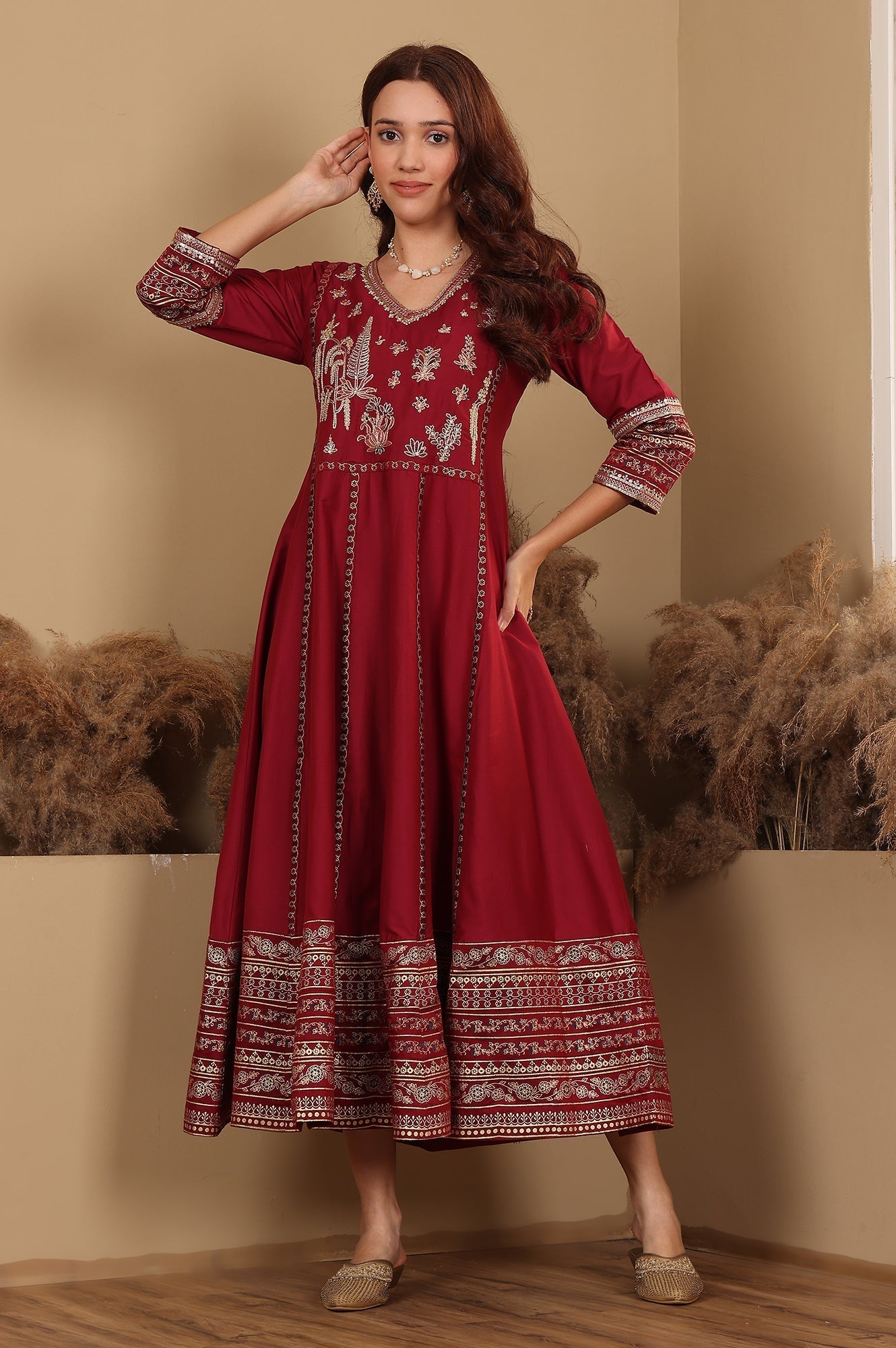 W for Woman Deep Red Embroidered Anarkali Dress