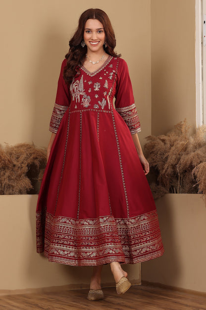 W for Woman Deep Red Embroidered Anarkali Dress