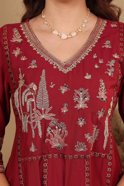 W for Woman Deep Red Embroidered Anarkali Dress