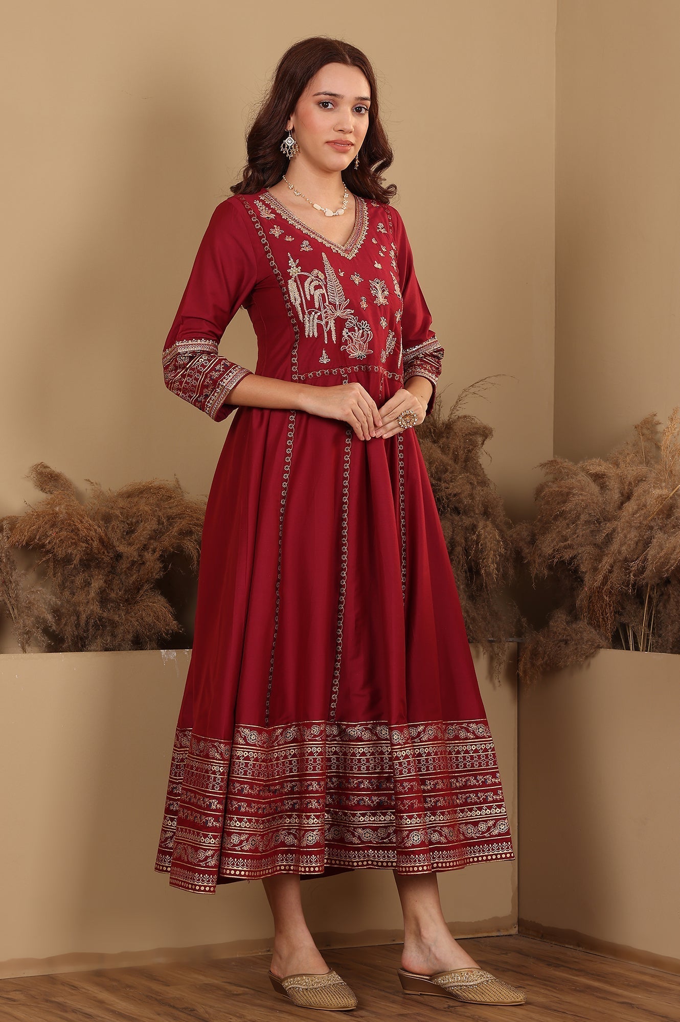 W for Woman Deep Red Embroidered Anarkali Dress