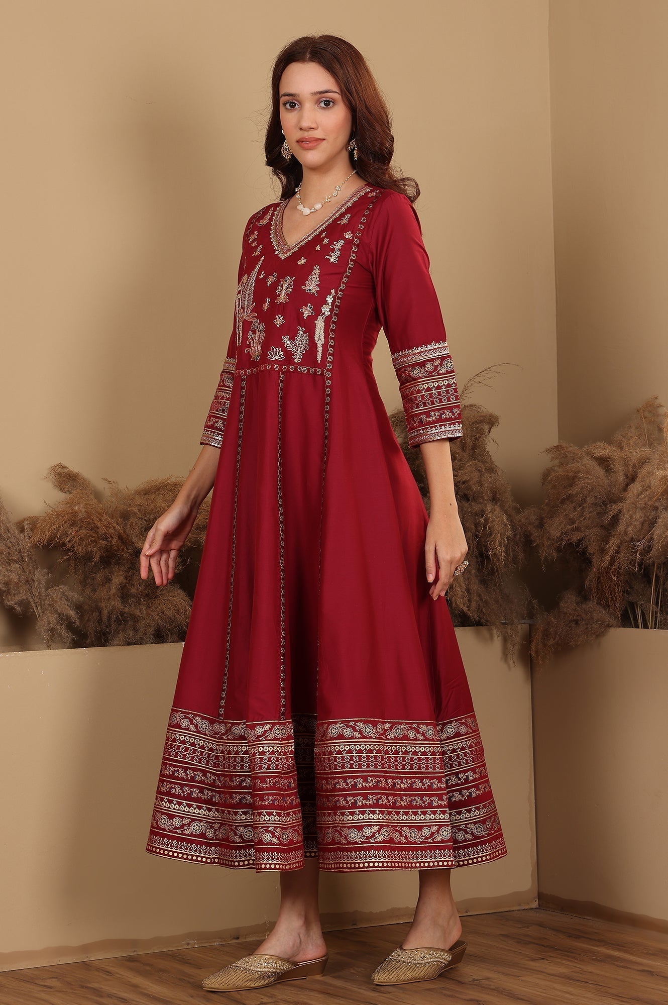 W for Woman Deep Red Embroidered Anarkali Dress