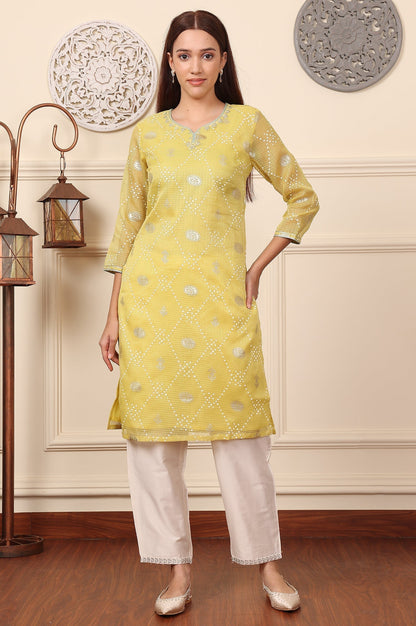 W for Woman Yellow Foil Printed Kota Doriya Kurta With Zari Embroidered Neck