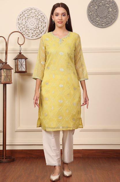 W for Woman Yellow Geometric Foil Printed Zari Embroidered Straight Kota Doriya Kurta