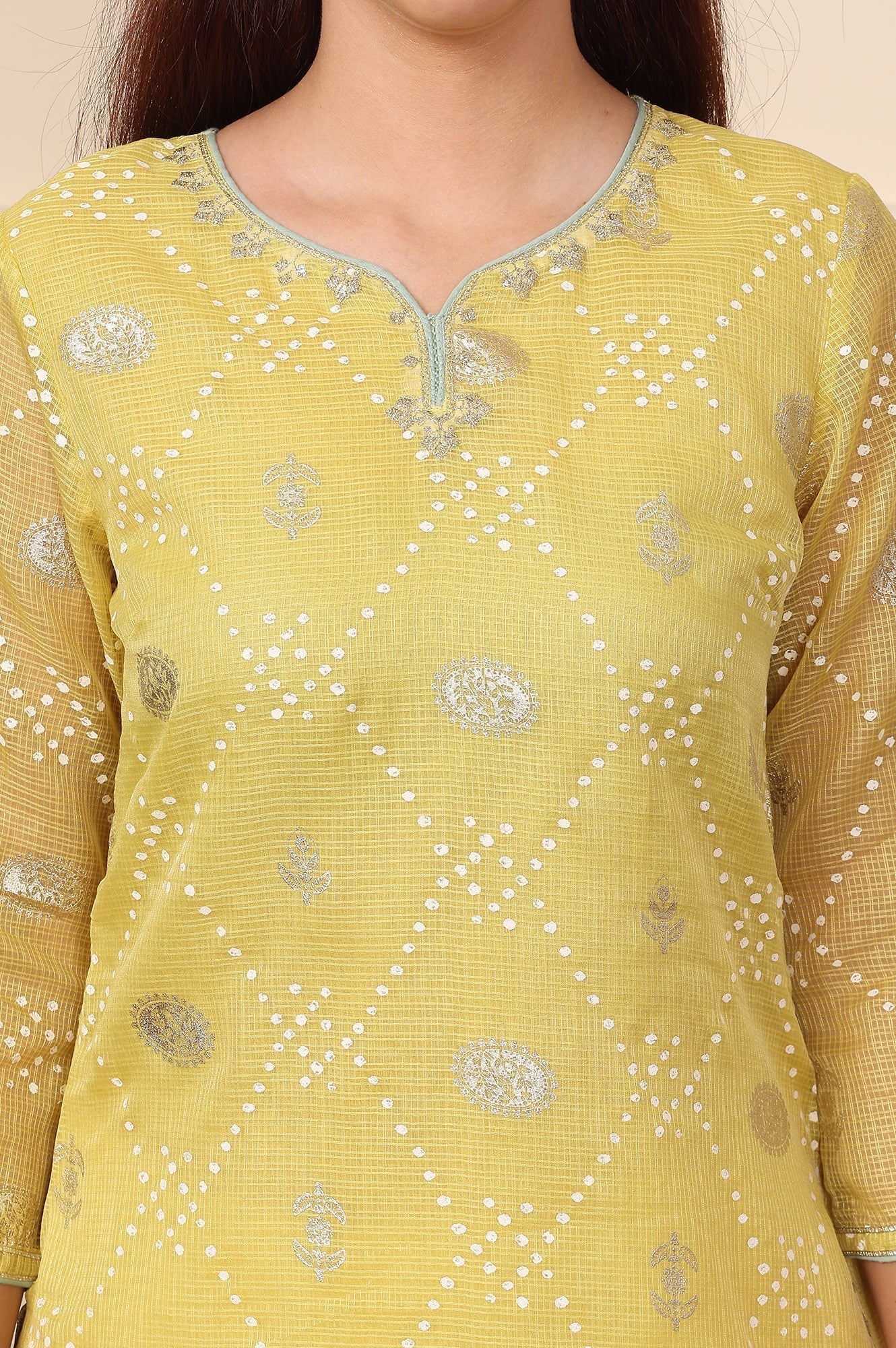W for Woman Yellow Geometric Foil Printed Zari Embroidered Straight Kota Doriya Kurta