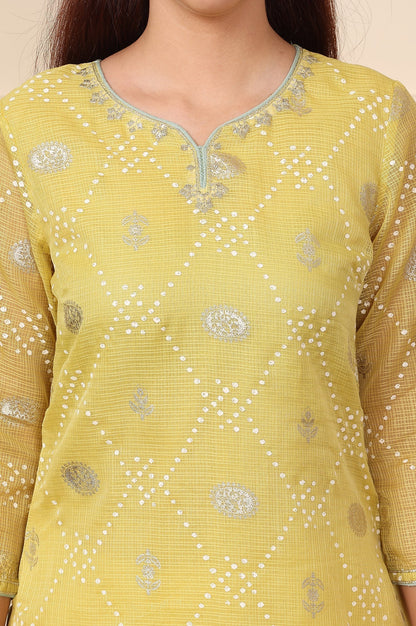 W for Woman Yellow Geometric Foil Printed Zari Embroidered Straight Kota Doriya Kurta