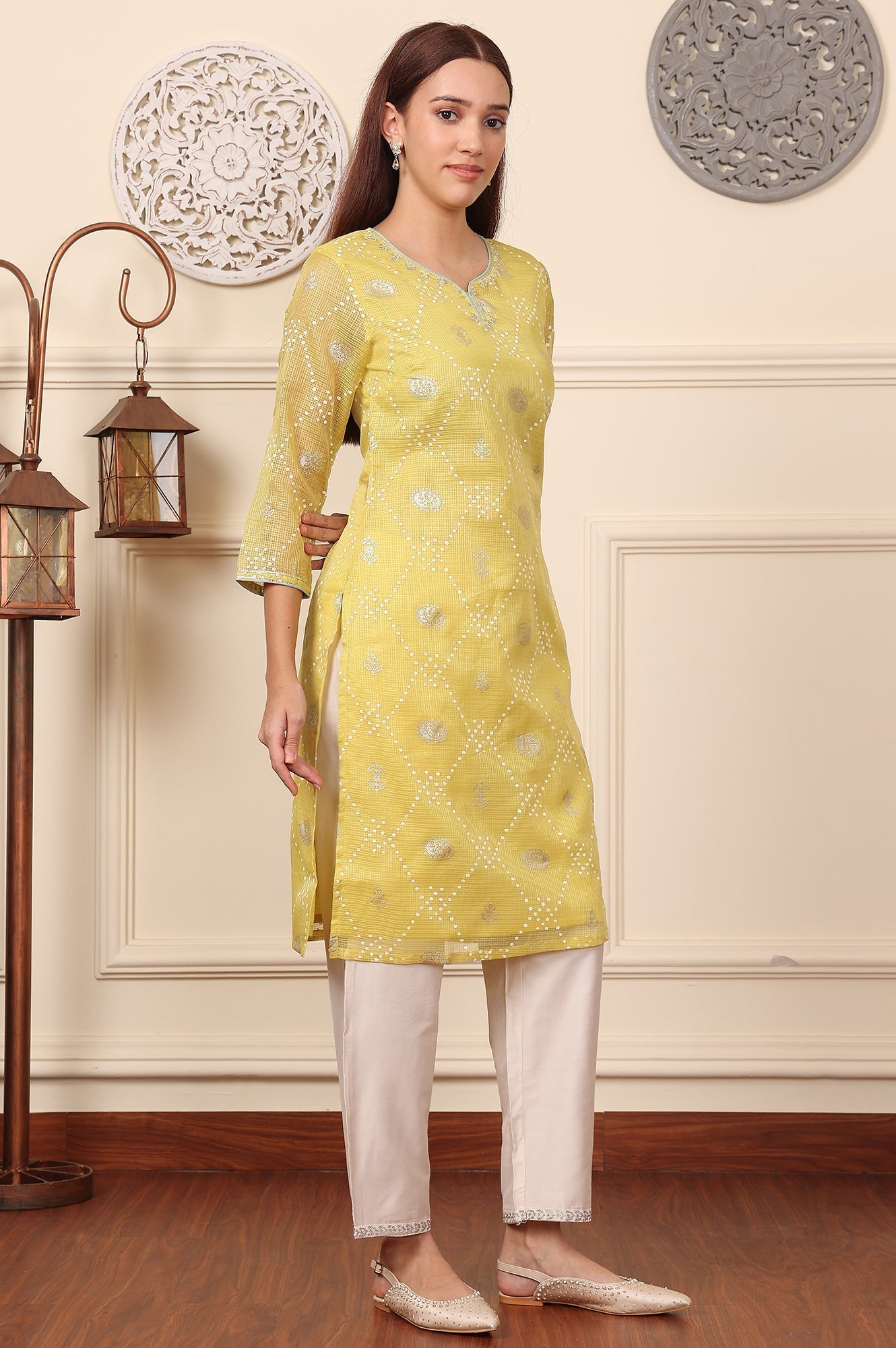 W for Woman Yellow Foil Printed Kota Doriya Kurta With Zari Embroidered Neck