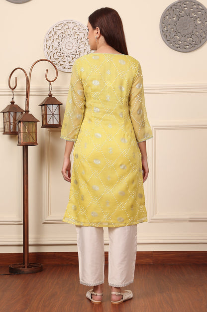 W for Woman Yellow Foil Printed Kota Doriya Kurta With Zari Embroidered Neck